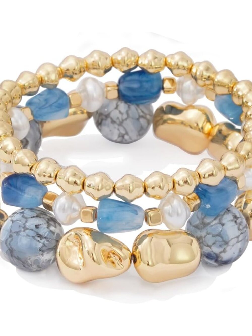 Trendy Stretch Bracelet Set: 3 Light Blue & Gold Beaded Bracelets for Women